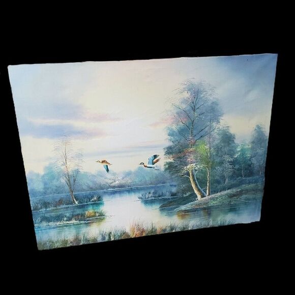 ORIGINAL VINTAGE LARGE UNSIGNED OIL ON CANVAS MALLARD DUCKS FLYING ON POND 48X36 - Picture 1 of 7